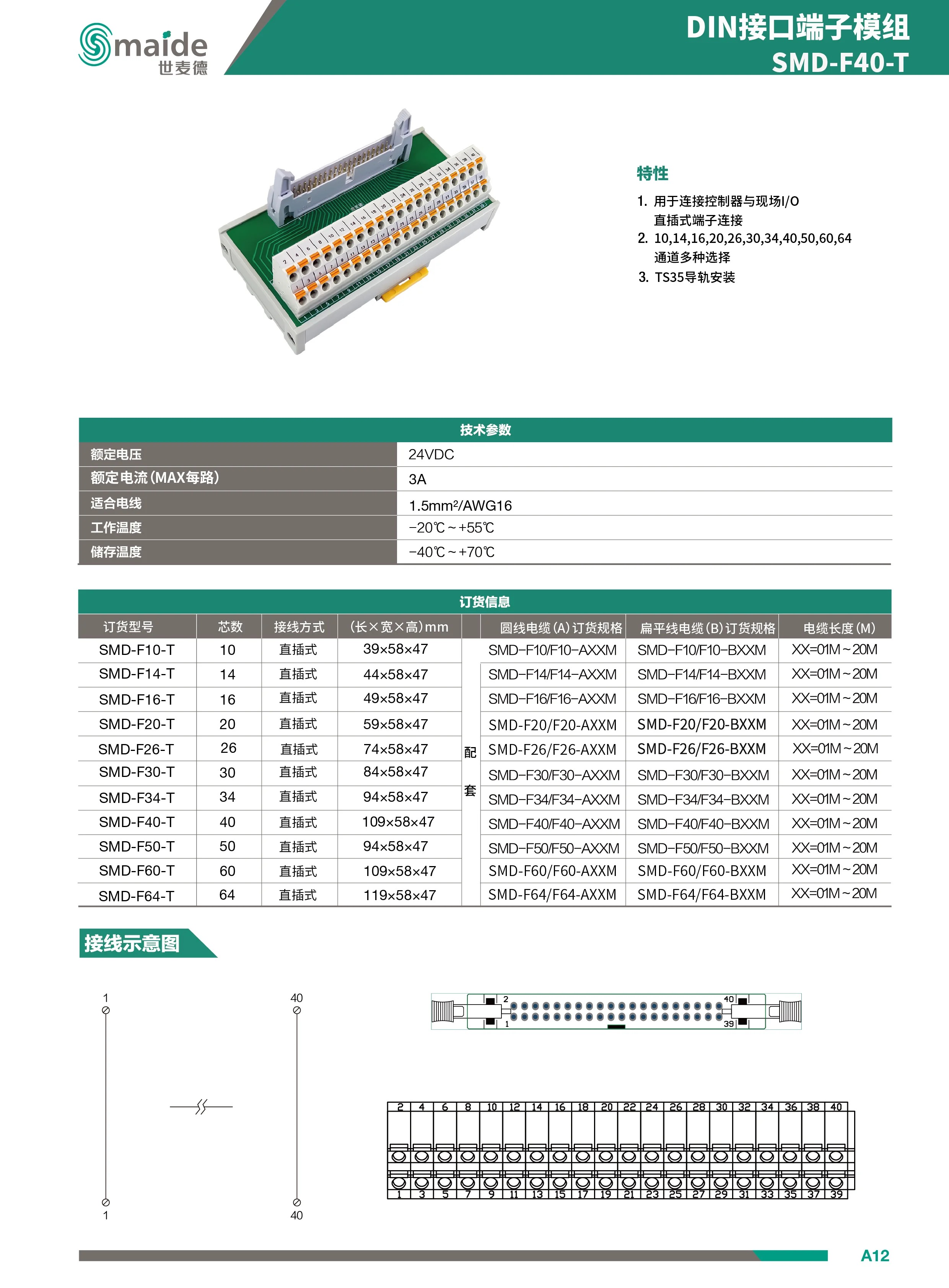 DIN接口端子模组(SMD-F40-T) 直插式端子台