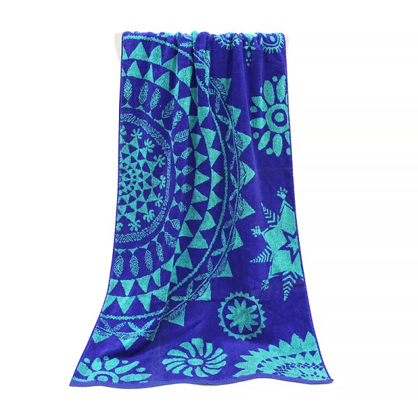 藍色民族風提花浴巾