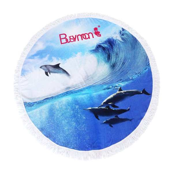 海浪海豚數碼印花圓形沙灘巾
