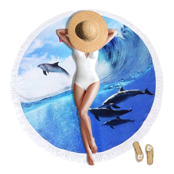 海浪海豚數碼印花圓形沙灘巾
