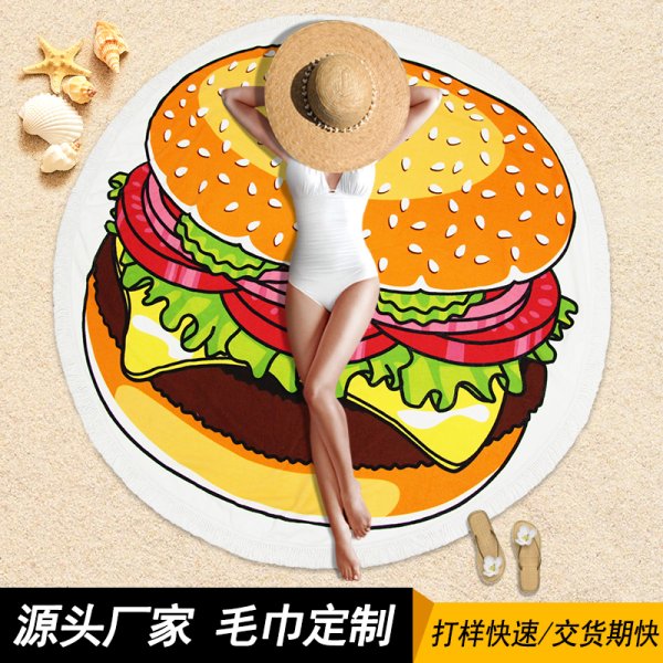 超細纖維圓形漢堡包印花沙灘巾