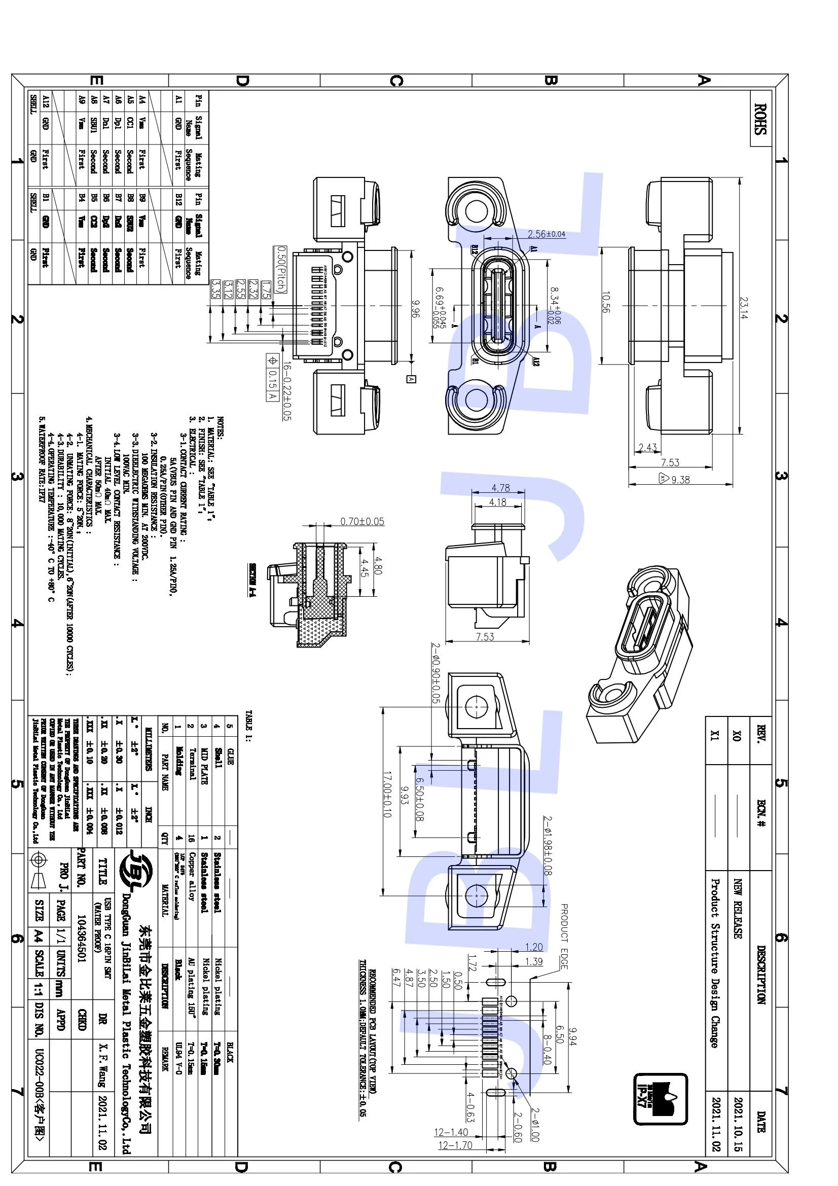 JBLUC02200B 16PIN USB3.0 WATERPROOF FEMALE TYPEC CONNECTOR SMT