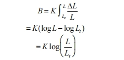 but B is the increase in luminance. If for the above equation from the absolute threshold limit Lt to L integral.