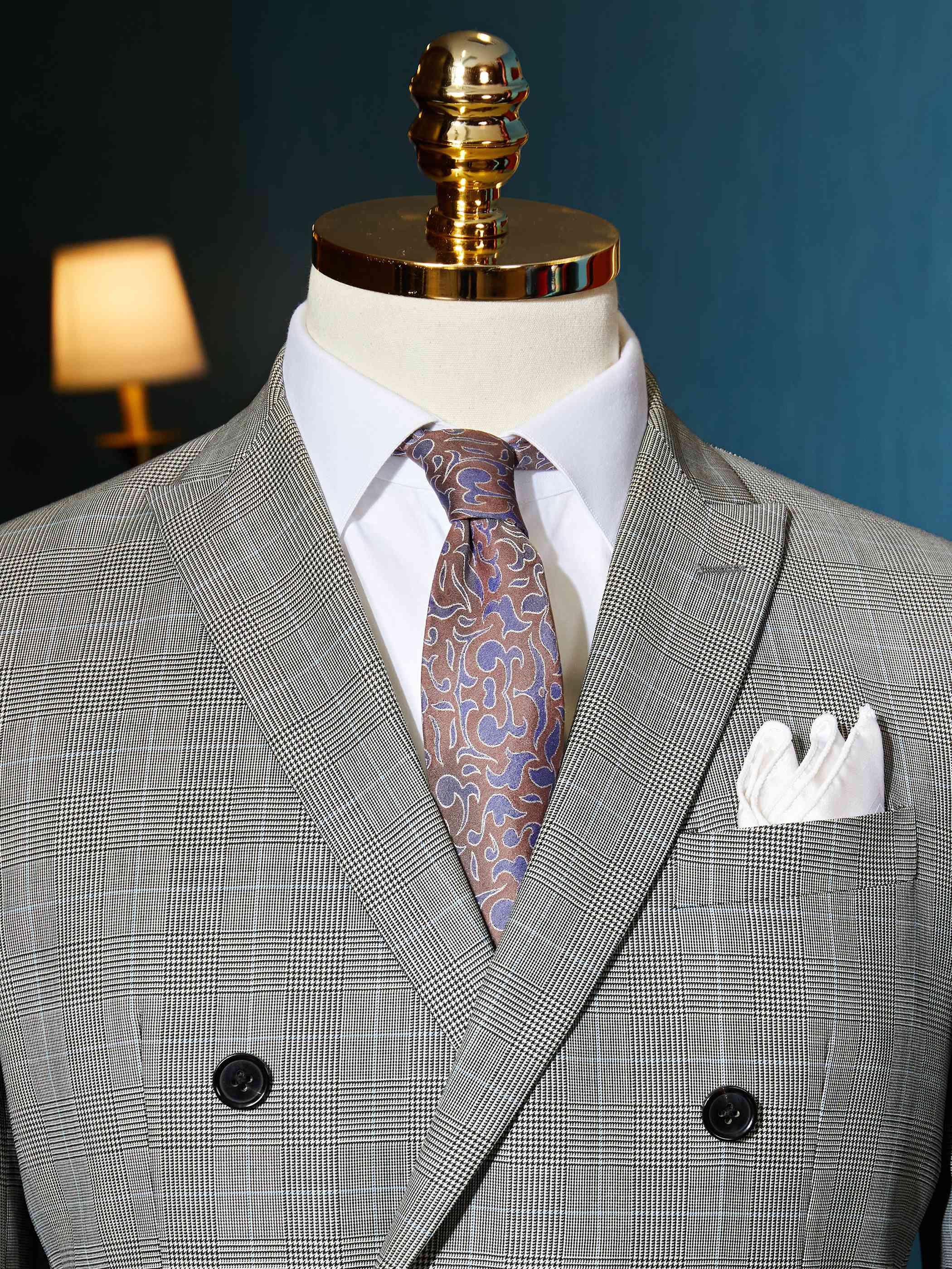 guabello高博乐复古英伦风格纹西服戗驳领双排扣灰色格纹西服-深圳