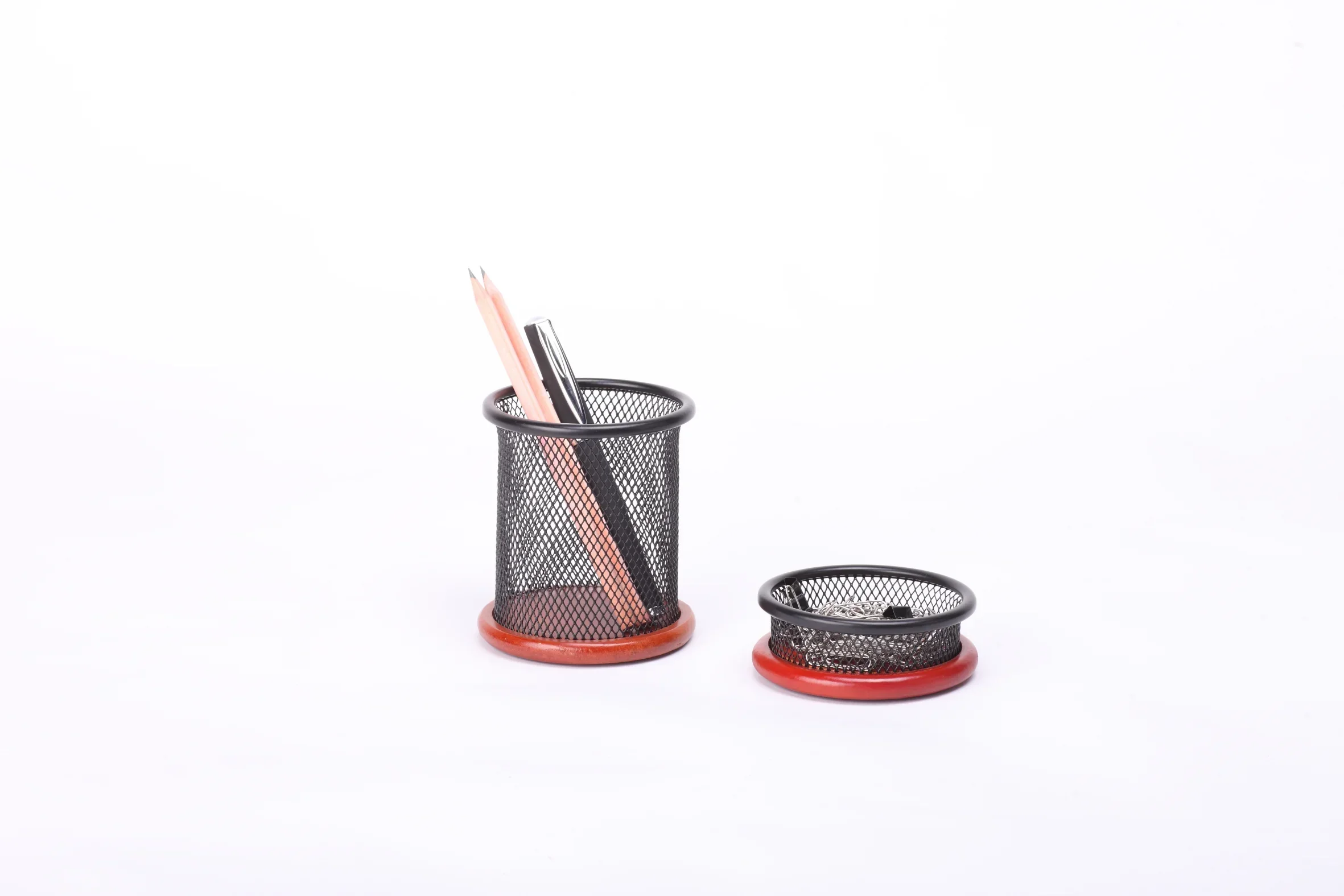 mesh paper clip holder with wooden base