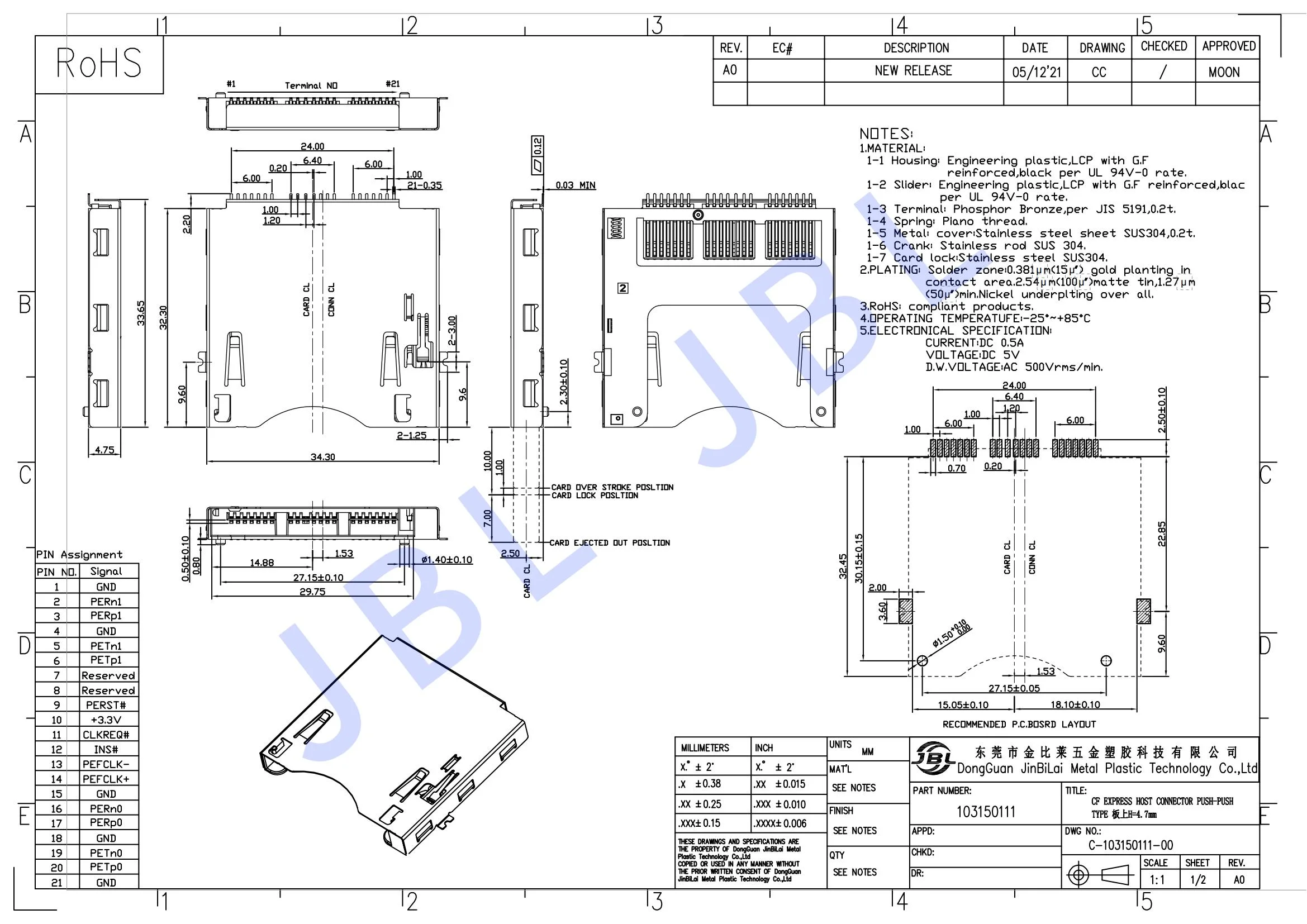 Jbl103150111 21pin cf card socket slot express host pushpush
