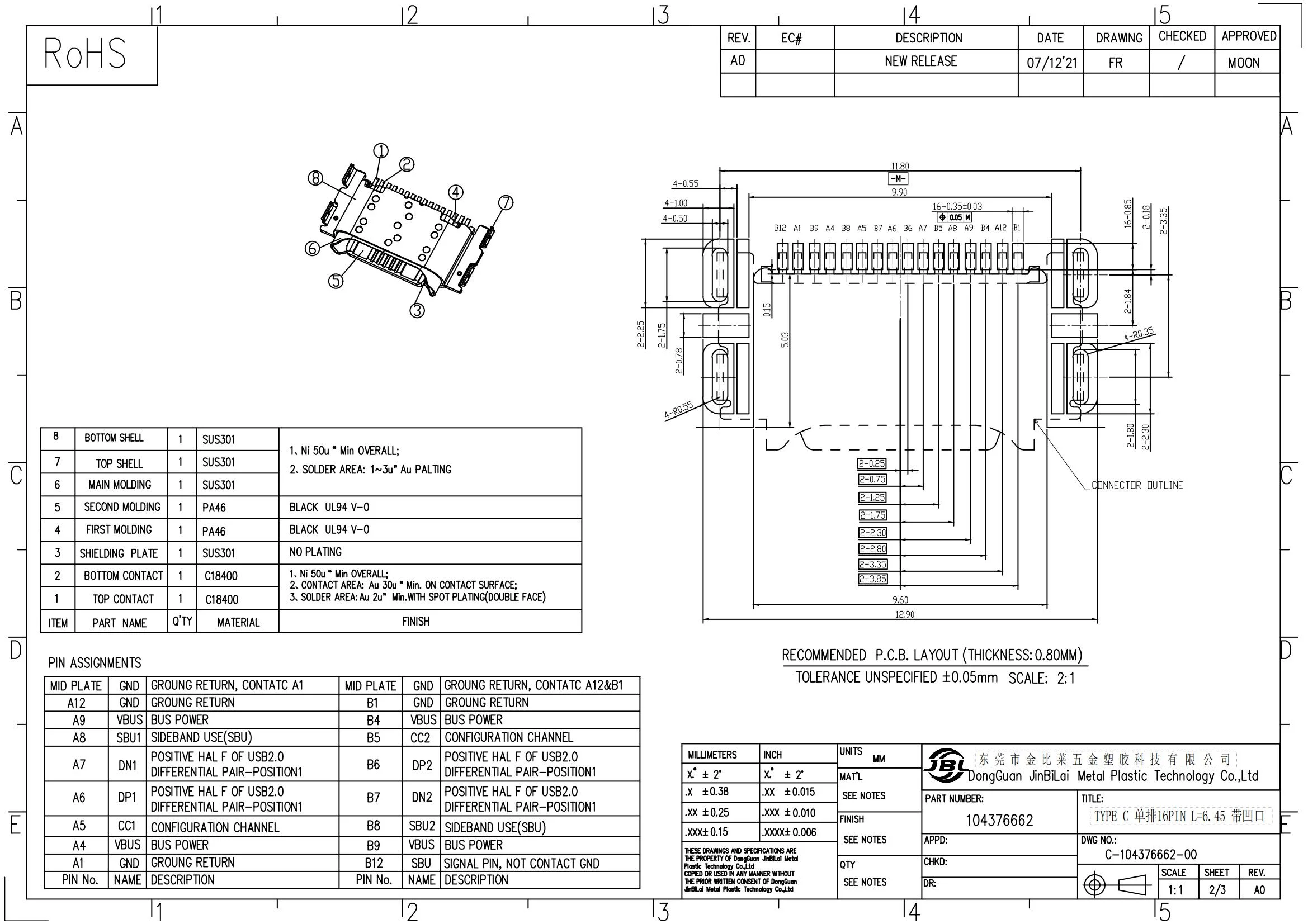 Jbl-104376662 16pin Usb3.0 Type-c Single Row Female Mid-mount Conn 