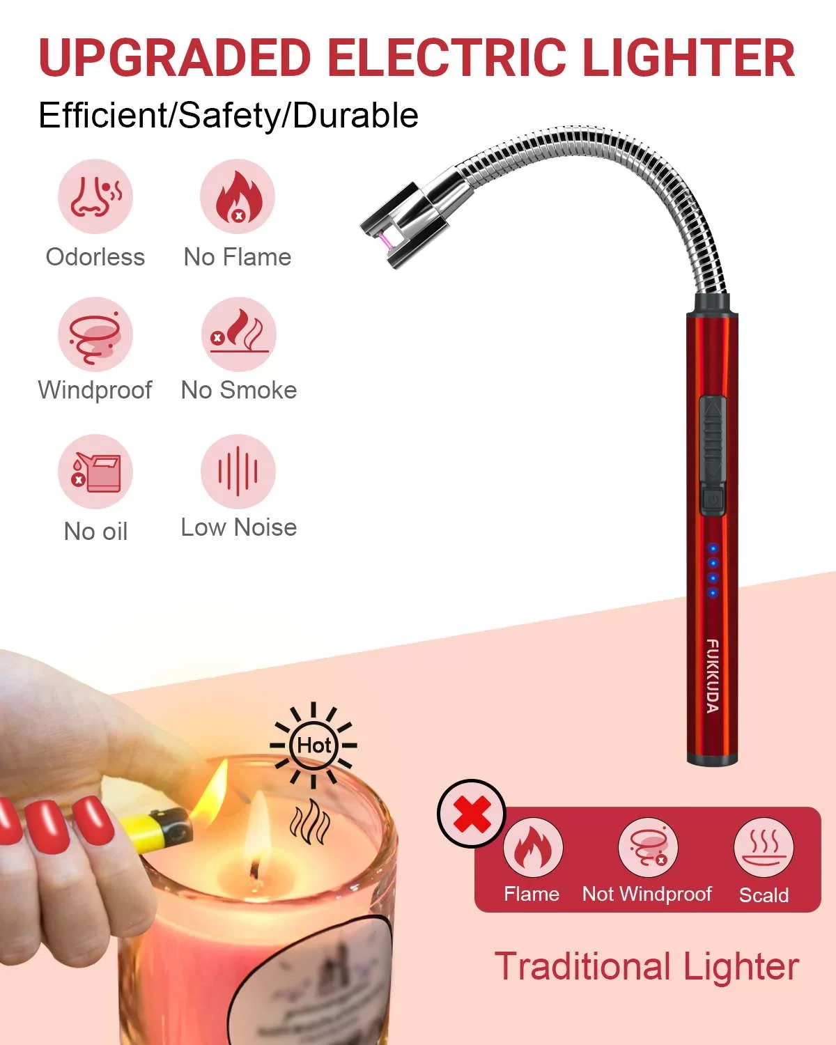 Goose Neck Electric Candle Lighter with Rechargeable Battery Ruby Red