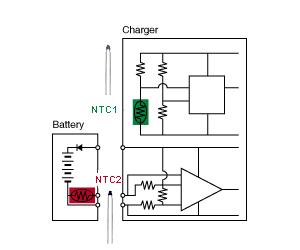 應(yīng)用 NTC 熱敏電阻器的溫度檢測的二次電池和充電器的電路實例.jpg