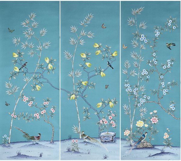 China-Chinoiserie bamboo wallpaper on blue silk-supplier-manufacturer ...