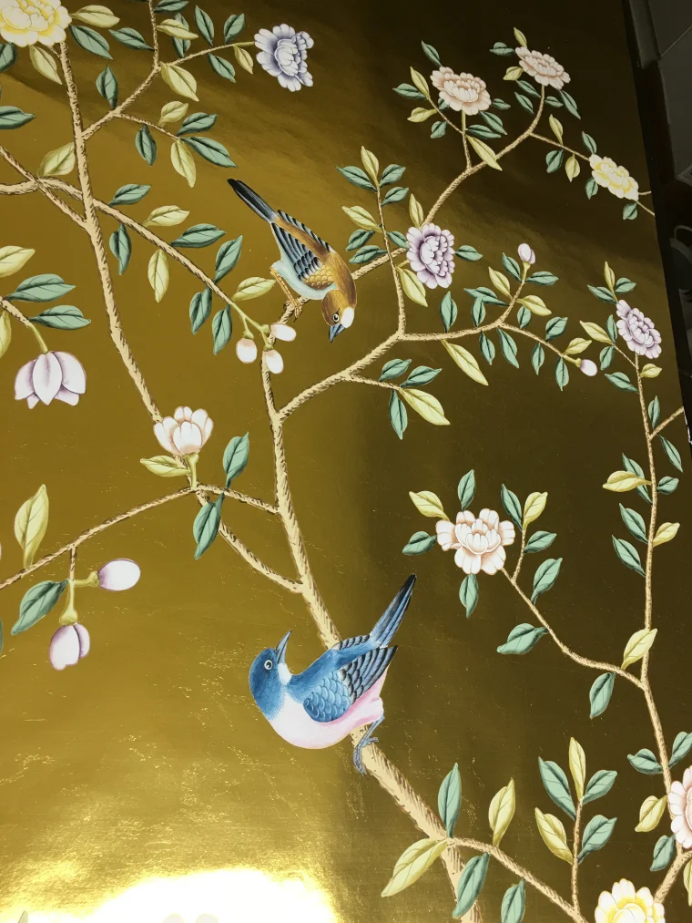 Chinoiserie On Gold MetallicClassical Handpainted Wallpaper
