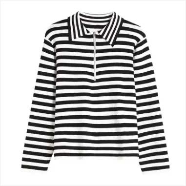 black and white Striped Lapel Polo Shirt