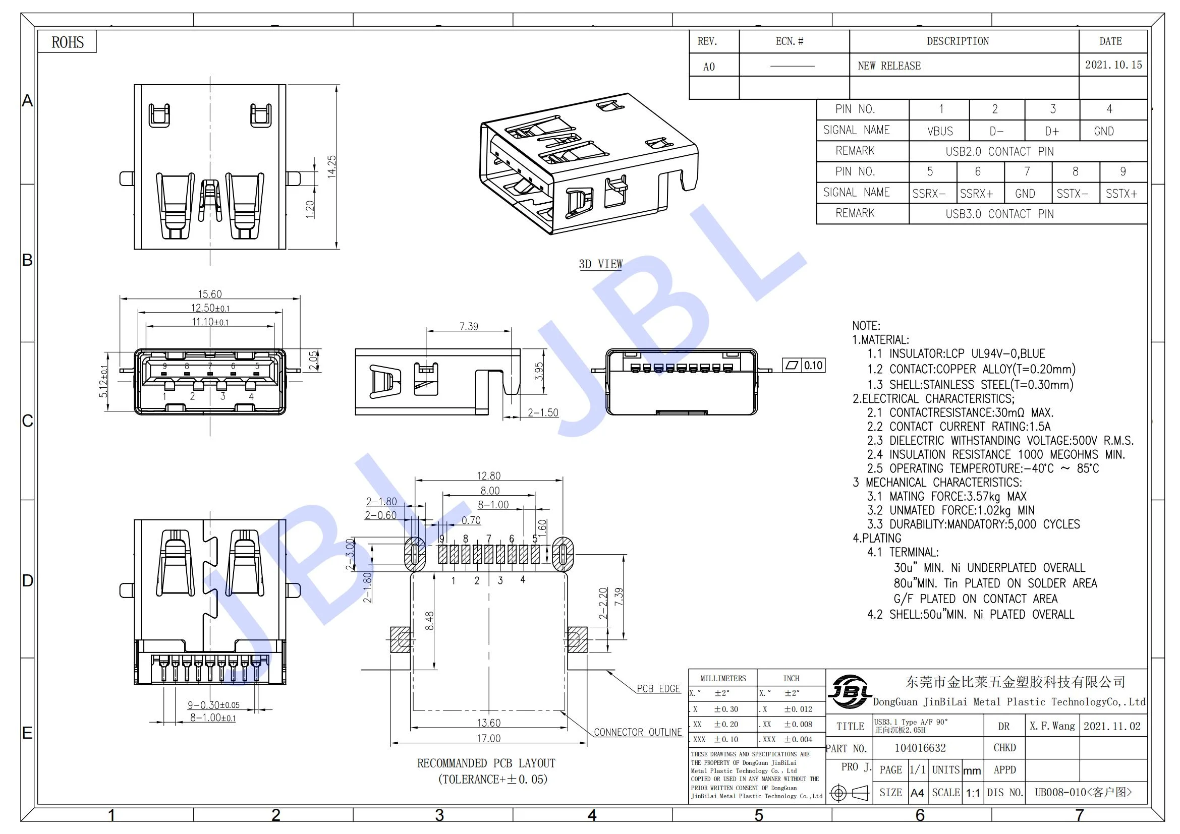 JBL-UB008-010 USB3.1 gen2 10Gbps FEMALE CONNECETOR Mid-Mount CONN SMD