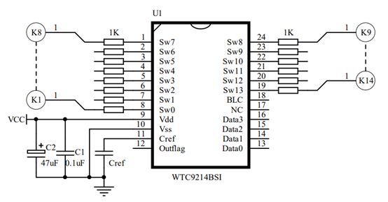 WTC9214BSI(TBI)---14鍵電容式觸摸IC