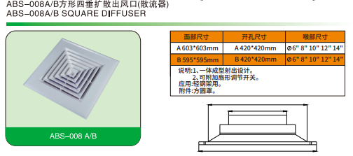 ABS-008A B方形四垂擴(kuò)散出風(fēng)口(散流器)